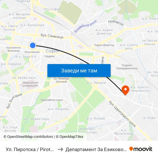 Ул. Пиротска / Pirotska St. (2111) to Департамент За Езиково Обучение - Ичс map