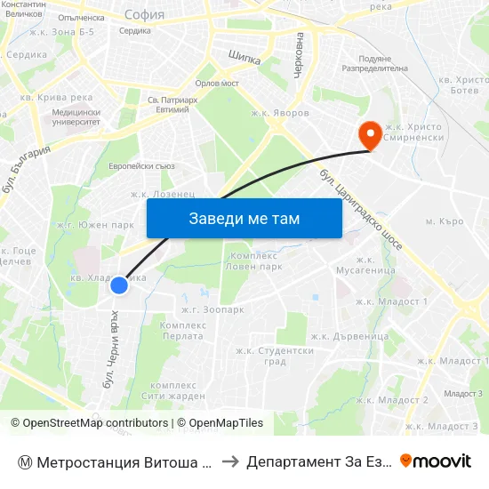 Ⓜ️ Метростанция Витоша / Vitosha Metro Station (0910) to Департамент За Езиково Обучение - Ичс map