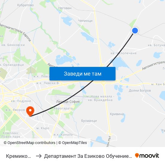 Кремиковци to Департамент За Езиково Обучение - Ичс map