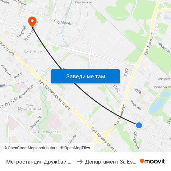Метростанция Дружба / Druzhba Metro Station (0235) to Департамент За Езиково Обучение - Ичс map