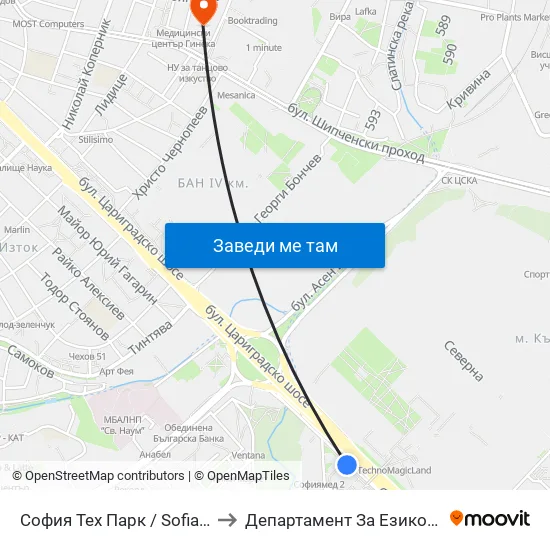 София Тех Парк / Sofia Tech Park (0579) to Департамент За Езиково Обучение - Ичс map