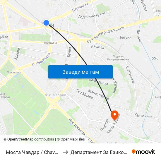 Моста Чавдар / Chavdar Bridge (1103) to Департамент За Езиково Обучение - Ичс map