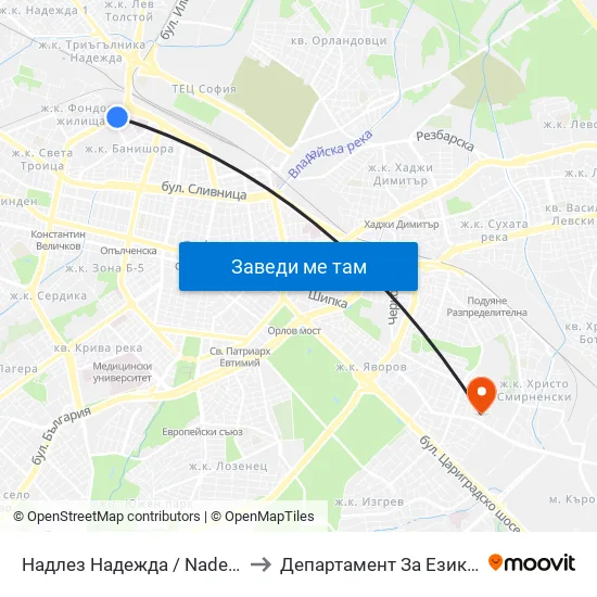 Надлез Надежда / Nadezhda Overpass (2116) to Департамент За Езиково Обучение - Ичс map