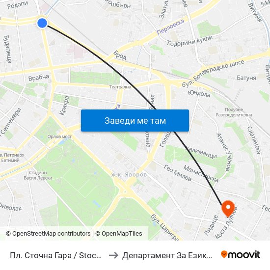 Пл. Сточна Гара / Stochna Gara Sq. (1313) to Департамент За Езиково Обучение - Ичс map