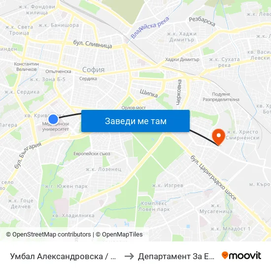 Ⓜ️ Умбал Александровска / Aleksandrovska Hospital (1034) to Департамент За Езиково Обучение - Ичс map