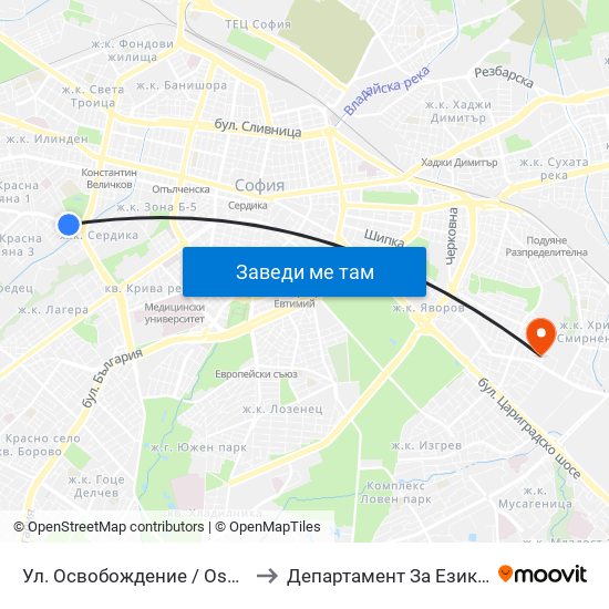 Ул. Освобождение / Osvobozhdenie St. (2099) to Департамент За Езиково Обучение - Ичс map