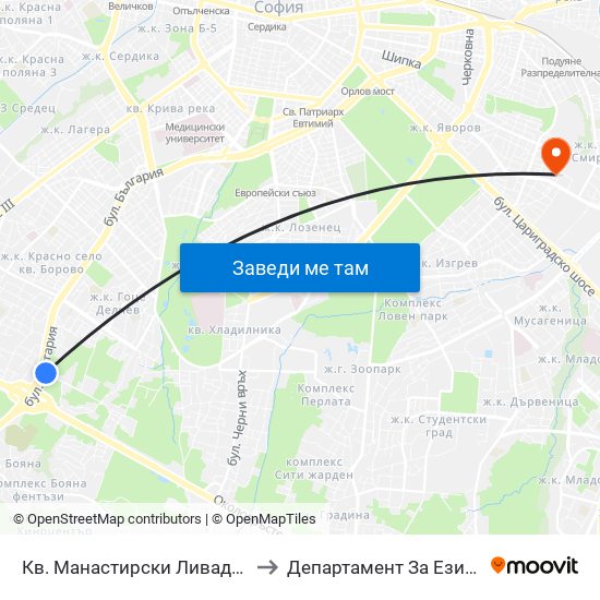 Кв. Манастирски Ливади / Manastirski Livadi Qr to Департамент За Езиково Обучение - Ичс map