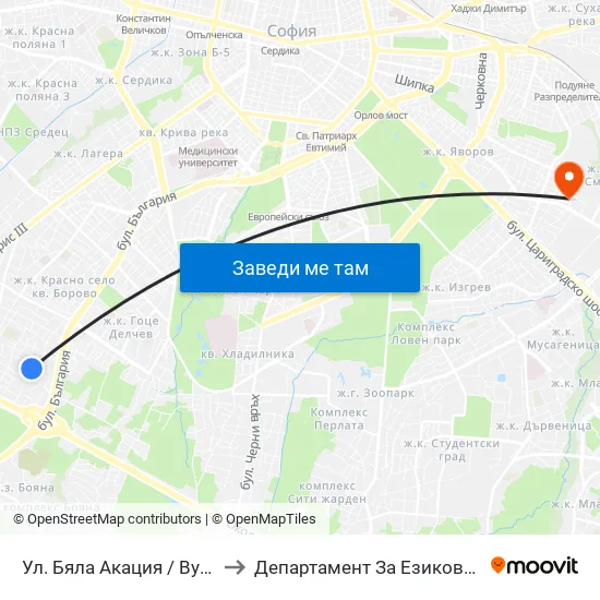 Ул. Бяла Акация / Byala Akatsiya St. to Департамент За Езиково Обучение - Ичс map