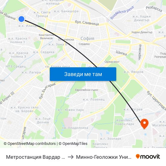 Метростанция Вардар / Vardar Metro Station (1044) to Минно-Геоложки Университет ""Св.Иван Рилски"" map