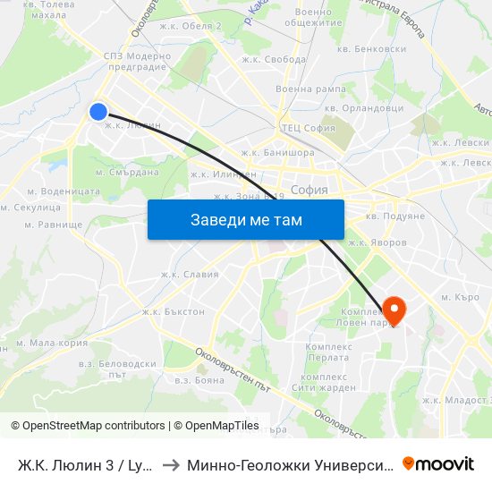 Ж.К. Люлин 3 / Lyulin 3 Qr. (0651) to Минно-Геоложки Университет ""Св.Иван Рилски"" map