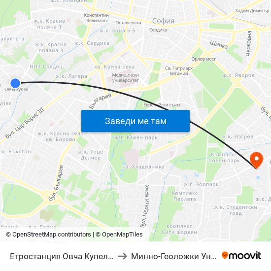 Етростанция Овча Купел / Ovcha Kupel Metro Station  (0352) to Минно-Геоложки Университет ""Св.Иван Рилски"" map