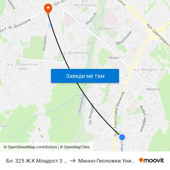 Бл. 325 Ж.К Младост 3 / Bl. 325, Mladost 3 Qr. (2489) to Минно-Геоложки Университет ""Св.Иван Рилски"" map