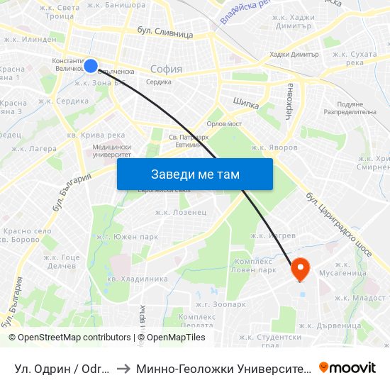 Ул. Одрин / Odrin St. (2075) to Минно-Геоложки Университет ""Св.Иван Рилски"" map
