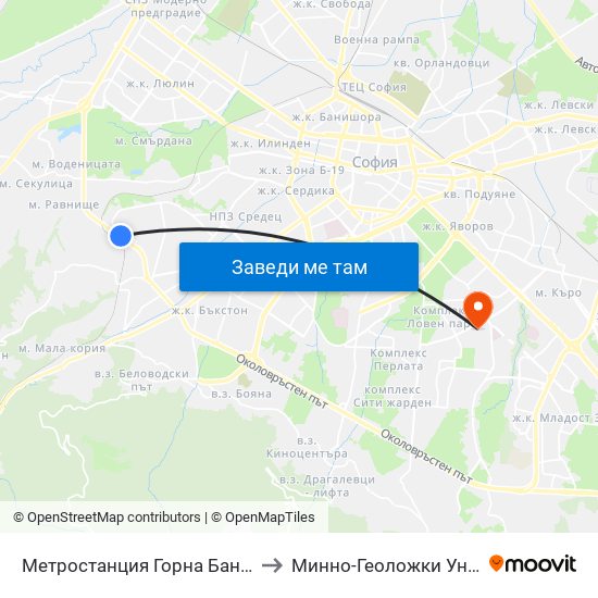 Метростанция Горна Баня / Gorna Banya Metro Station (0685) to Минно-Геоложки Университет ""Св.Иван Рилски"" map