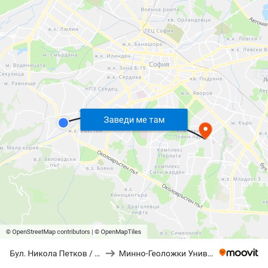 Бул. Никола Петков / Nikola Petkov Blvd. (0347) to Минно-Геоложки Университет ""Св.Иван Рилски"" map