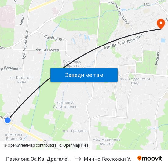 Разклона За Кв. Драгалевци / Fork Road To Dragalevtsi Qr. (1456) to Минно-Геоложки Университет ""Св.Иван Рилски"" map