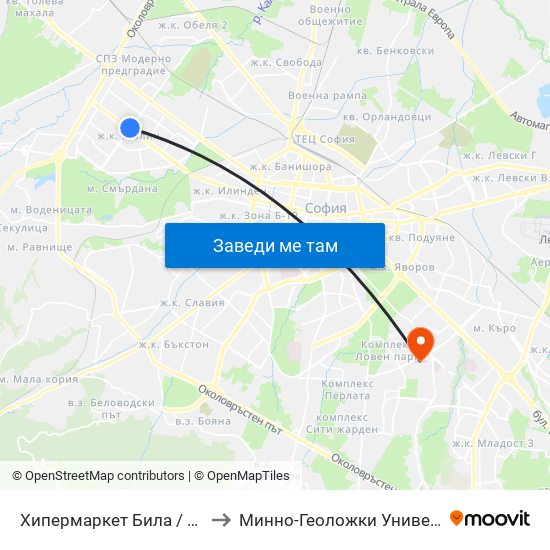 Хипермаркет Била / Billa Hypermarket (2681) to Минно-Геоложки Университет ""Св.Иван Рилски"" map