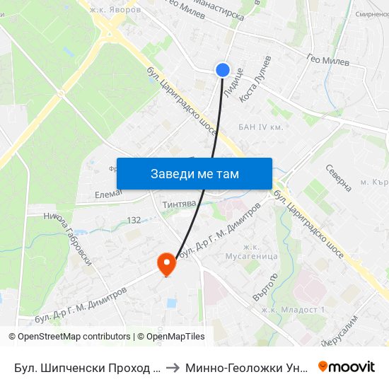 Бул. Шипченски Проход / Shipchenski Prohod Blvd. (0402) to Минно-Геоложки Университет ""Св.Иван Рилски"" map