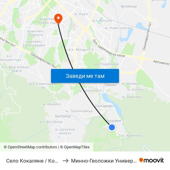 Село Кокаляне / Kokalyane Village (1540) to Минно-Геоложки Университет ""Св.Иван Рилски"" map