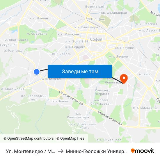 Ул. Монтевидео / Montevideo St. (2050) to Минно-Геоложки Университет ""Св.Иван Рилски"" map