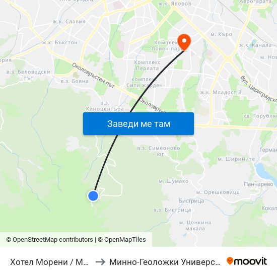 Хотел Морени / Moreni Hotel (2704) to Минно-Геоложки Университет ""Св.Иван Рилски"" map