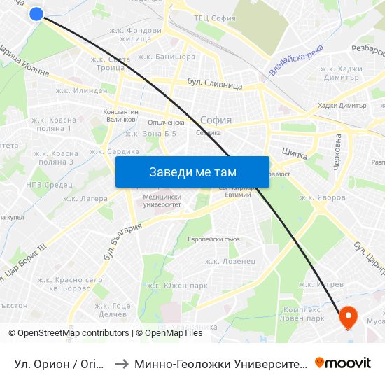Ул. Орион / Orion St. (2091) to Минно-Геоложки Университет ""Св.Иван Рилски"" map