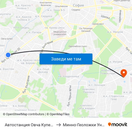 Автостанция Овча Купел / Ovcha Kupel Bus Station (2705) to Минно-Геоложки Университет ""Св.Иван Рилски"" map