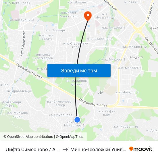 Лифта Симеоново / Aerial Lift Simeonovo (1011) to Минно-Геоложки Университет ""Св.Иван Рилски"" map