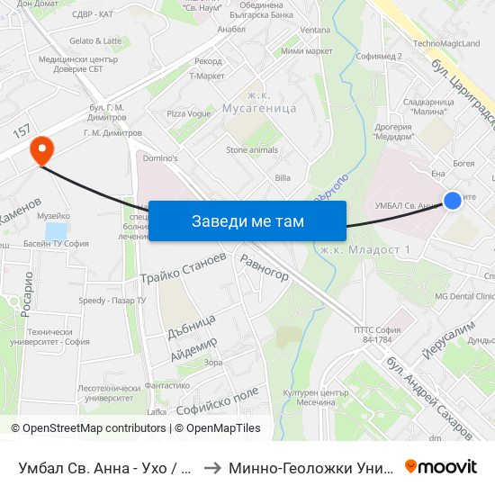 Умбал Св. Анна - Ухо / St. Anna Hospital - Loop (1197) to Минно-Геоложки Университет ""Св.Иван Рилски"" map