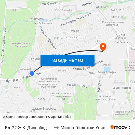 Бл. 22 Ж.К. Дианабад / Bl. 22, Dianabad Qr. (0123) to Минно-Геоложки Университет ""Св.Иван Рилски"" map