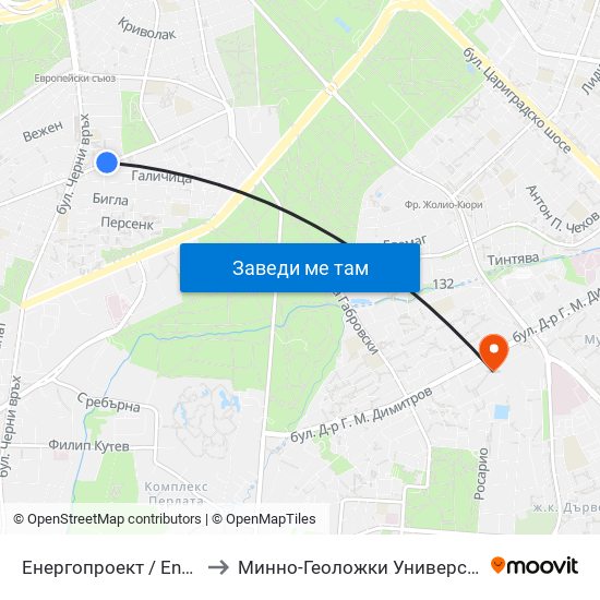 Енергопроект / Energoproekt (0574) to Минно-Геоложки Университет ""Св.Иван Рилски"" map