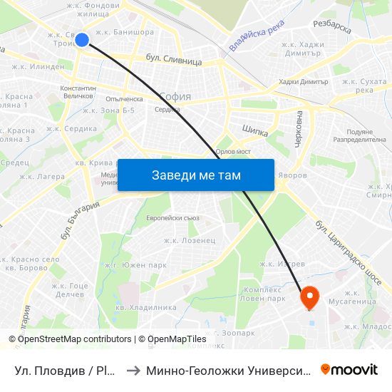 Ул. Пловдив / Plovdiv St. (2421) to Минно-Геоложки Университет ""Св.Иван Рилски"" map