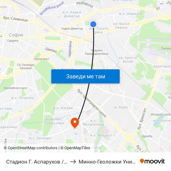 Стадион Г. Аспарухов / G. Asparuhov Stadium (1612) to Минно-Геоложки Университет ""Св.Иван Рилски"" map