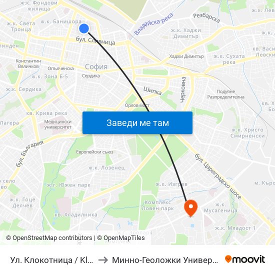 Ул. Клокотница / Klokotnitsa St. (1326) to Минно-Геоложки Университет ""Св.Иван Рилски"" map