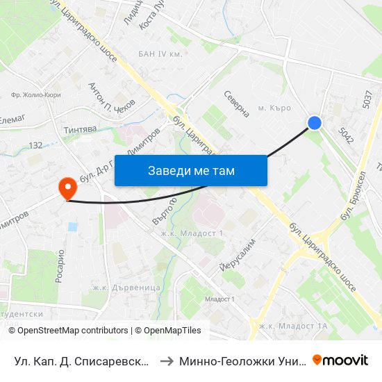 Ул. Кап. Д. Списаревски / Capt. D. Spisarevski St. (1985) to Минно-Геоложки Университет ""Св.Иван Рилски"" map
