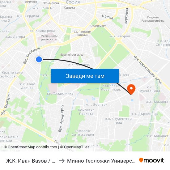 Ж.К. Иван Вазов / Ivan Vazov (0626) to Минно-Геоложки Университет ""Св.Иван Рилски"" map