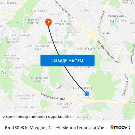 Бл. 480 Ж.К. Младост 4 / Bl. 480, Mladost 4 Qr. (2394) to Минно-Геоложки Университет ""Св.Иван Рилски"" map