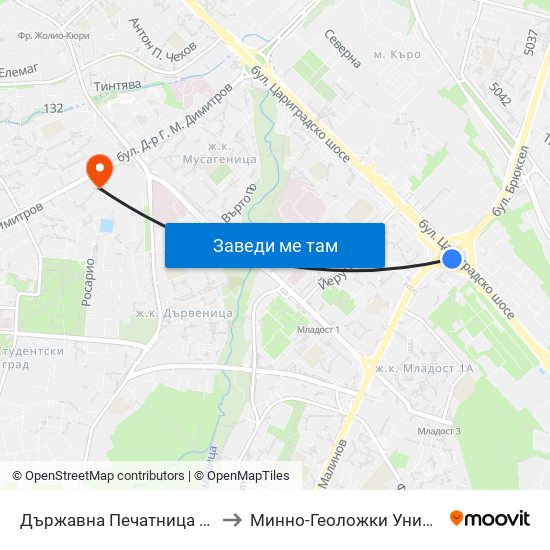 Държавна Печатница / State Printing House (0554) to Минно-Геоложки Университет ""Св.Иван Рилски"" map