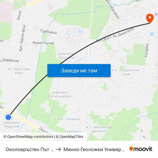 Околовръстен Път / Ring Road (1177) to Минно-Геоложки Университет ""Св.Иван Рилски"" map