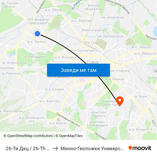26-Ти Дкц / 26-Th Polyclinic (0021) to Минно-Геоложки Университет ""Св.Иван Рилски"" map