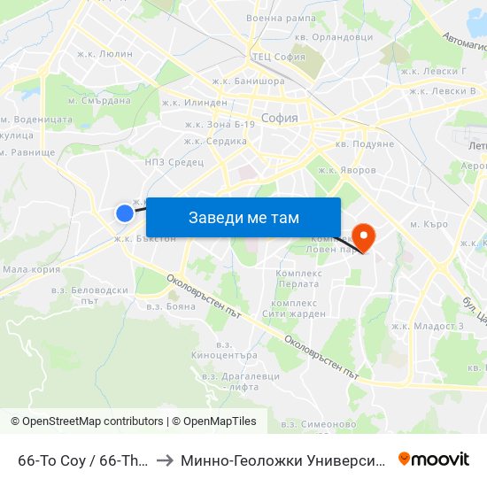 66-То Соу / 66-Th School (0042) to Минно-Геоложки Университет ""Св.Иван Рилски"" map