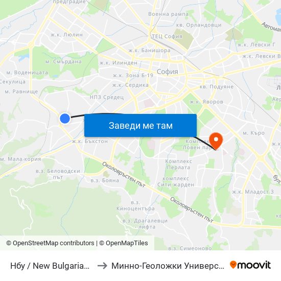 Нбу / New Bulgarian University (0067) to Минно-Геоложки Университет ""Св.Иван Рилски"" map