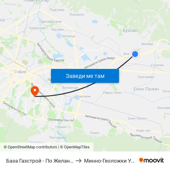 База Газстрой - По Желание / Gazstroy Base - on Demand (0088) to Минно-Геоложки Университет ""Св.Иван Рилски"" map