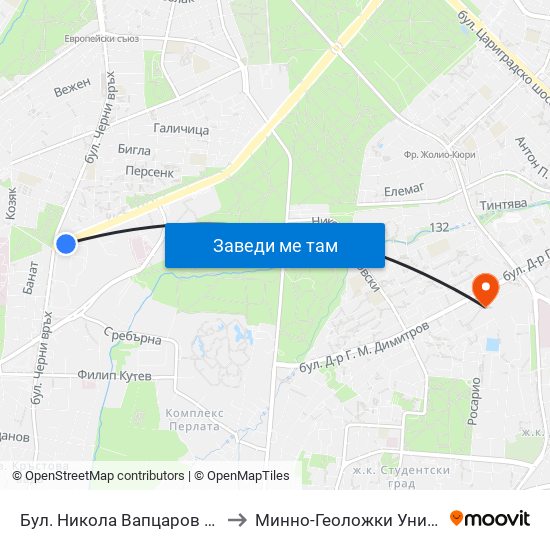 Бул. Никола Вапцаров / Nikola Vaptsarov Blvd. (0344) to Минно-Геоложки Университет ""Св.Иван Рилски"" map