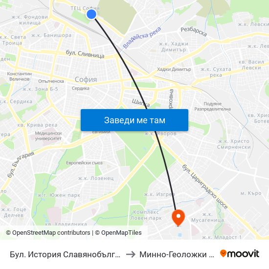 Бул. История Славянобългарска / Istoriya Slavyanobulgarska Blvd. (0065) to Минно-Геоложки Университет ""Св.Иван Рилски"" map