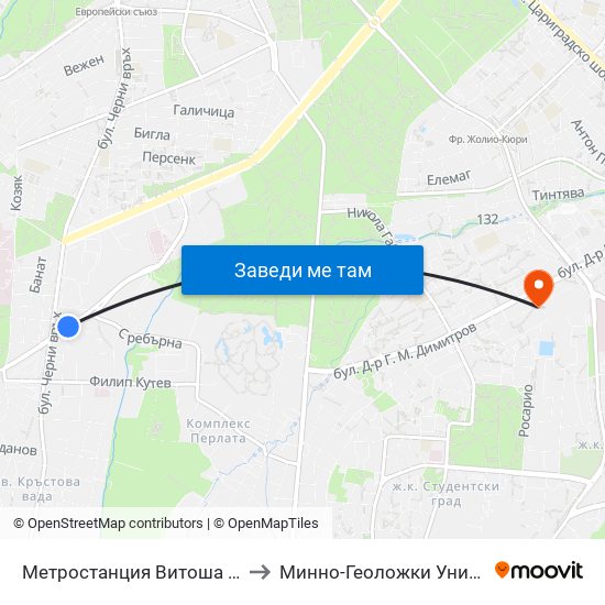 Метростанция Витоша / Vitosha Metro Station (0909) to Минно-Геоложки Университет ""Св.Иван Рилски"" map