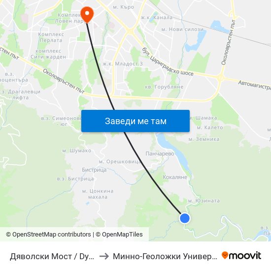 Дяволски Мост / Dyavolski Bridge (0556) to Минно-Геоложки Университет ""Св.Иван Рилски"" map