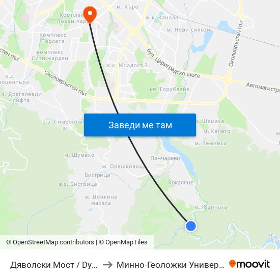 Дяволски Мост / Dyavolski Bridge (0557) to Минно-Геоложки Университет ""Св.Иван Рилски"" map