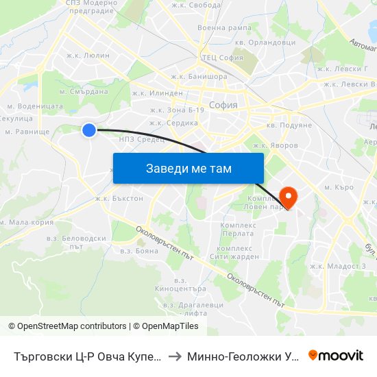Търговски Ц-Р Овча Купел / Ovcha Kupel Shopping Centre (0211) to Минно-Геоложки Университет ""Св.Иван Рилски"" map