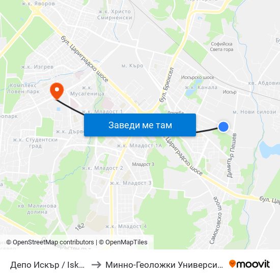 Депо Искър / Iskar Depot (0516) to Минно-Геоложки Университет ""Св.Иван Рилски"" map
